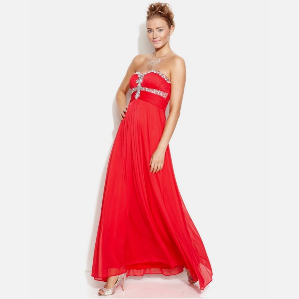 Xscape Strapless Beaded Ruched Maxi Gown